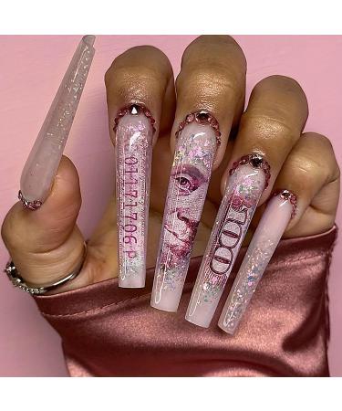 Xl Press on Nails Square Shape Nude Fake Nails with Rhinestones Design False Nails Glitter Press on Nails Extra Long Nails Money Patterns Full Cover Acrylic Nails 24 Pcs