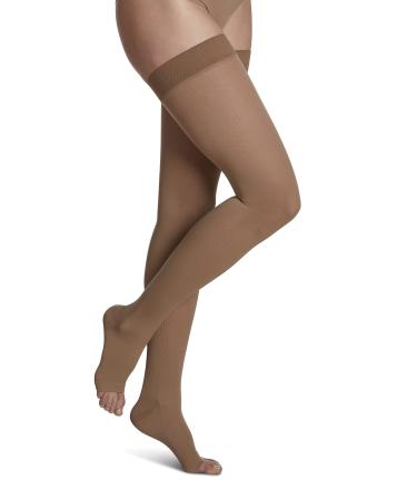 SIGVARIS Unisex COTTON 230 Open Toe Thigh High with Grip Top 20-30mmHg Light Beige Medium Tall (Pack of 1)