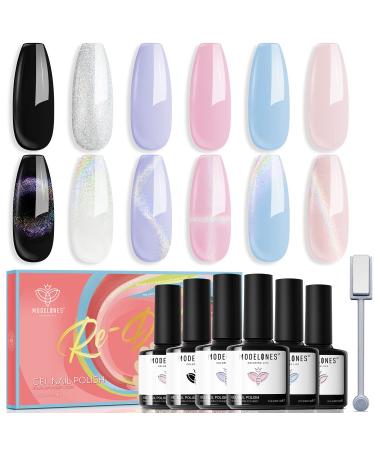 Modelones Pastel Gel Nail Polish Set 6 Colors, Spring Cat Eye Holographic Iridescent Rainbow Glitter 9D Magnetic Manicure Kit Soft Nude Pink Blue Purple Black Shimmer Effect at Home Gifts for Women Girls A3 Pastel Daydreams - Buy Online on GoSupps.com