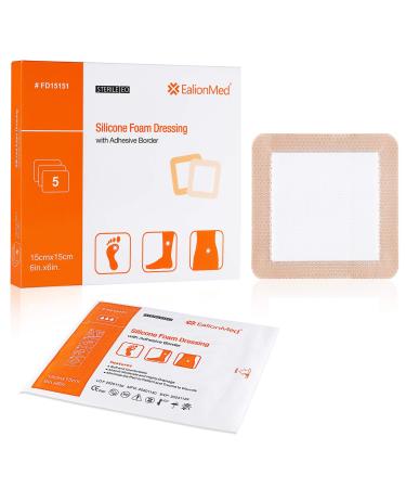 Silicone Foam Dressing with Gentle Adhesive Border 6''x6'' 5 Pack, Painless Removal High Absorbency Waterproof Bed Sore Bandage for Pressure Ulcer, Leg Ulcer, Diabetic Foot Ulcer by EalionMed