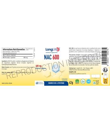 LongLife NAC 600 mg | Pr curseur du glutathion | Haute concentration | NAC N-ac tyl-cyst ine | D fenses immunitaires adultes | 60 g lules d origine v g tale | V gan et sans gluten - Buy Online on GoSupps.com