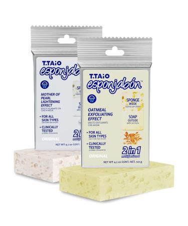 T.Taio Esponjabon Soap Sponge 2-Pack- Cleansing Shower Scrubber & Bath Wash Scrub - Massage & Lather Foot Elbow & Face - Bathroom Accessories - Mother of Pearl & Oatmeal (2-Pack)