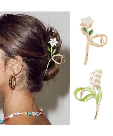 2 Pcs Flower Hair Clips Metal Alloy Hair Accessories for Women Girls White Lily Hair Claw Clips Pink French Bell Orchid Cute Hair Pins Shark Strong Hold Nonslip Large Jaw Hair Claw Clip