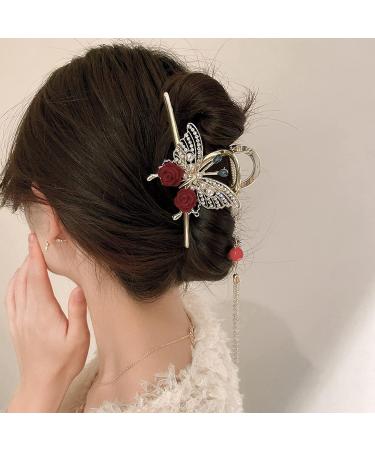 Rose Butterfly Tassel Hair Claw Clips Set - Elegant Floral Design with Pearls and Rhinestones, Strong Hold Hair Clamps for Women - Buy Online on GoSupps.com