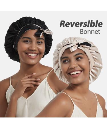 Hat Hut Satin Bonnet for Curly Hair | Double Layer Reversible Sleeping Cap | Champagne/Black - Buy Online on GoSupps.com