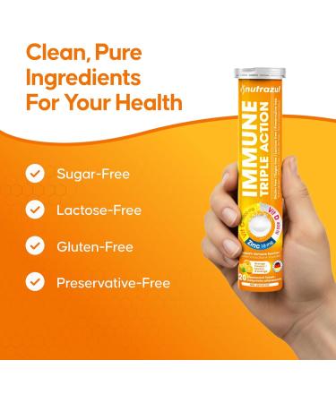 Nutrazul Immune Triple Action Effervescent Tablets with Vitamin C 1000mg Vitamin D Zinc Support Daily Routine Vegan Gluten-Free Sugar-Free Lactose-Free Orange Flavor 20 Tablets (Pack of 5x20) - Buy Online on GoSupps.com