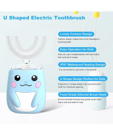 Kids Electric U-Shaped Ultrasonic Toothbrush | 2 Brush Heads | 6 Cleaning Modes | IPX7 Waterproof | Cartoon Design | Age 2-7 | Blue - Buy Online on GoSupps.com