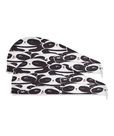 Panda Pattern (2) Dry Hair Cap 2 Piece Quick Drying Towel Set with Button Headband Super Absorbent Soft & Comfortable