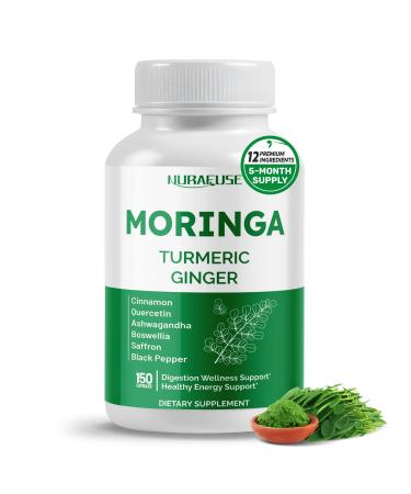 Moringa 12-in-1 Supplement with Turmeric Cinnamon Quercetin Ashwagandha Ginger Boswellia Nettle Saffron Tart Cherry Garlic - Made in The USA 150 count (pack of 1)