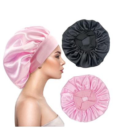 Eupinduo 2 pieces satin sleeping cap bonnet hair hood curly hood for sleeping hair hood for the night enlarged high elastic width creme soft female satin hood sleep black pink