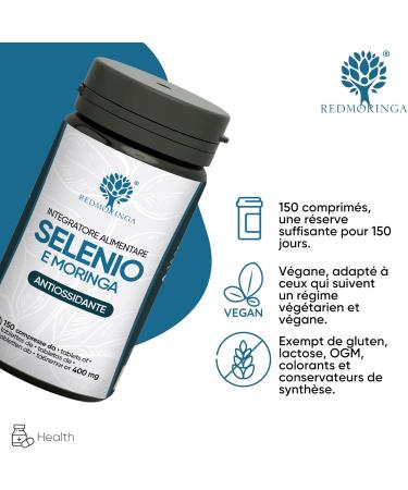 Vegan Selenium and Moringa Organic 150 Tablets 100 g | Useful Supplement for Immune Benefits Thyroid Hair Nails atogenesis | Made in Italy RedMoringa (150) - Buy Online on GoSupps.com