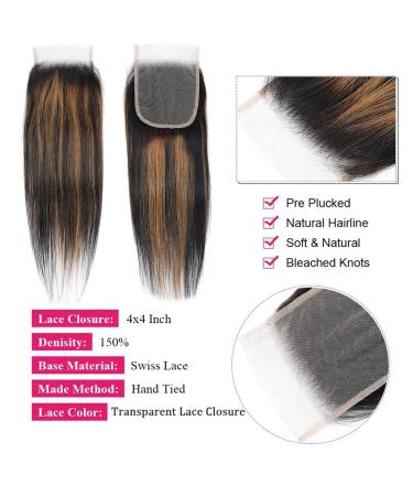 Haha Brown Highlight Ombre Human Hair Bundles with Closure - 10A Remy Virgin Hair Weave - Colored Balayage - 3 Bundles + 4x4 Lace Closure Free Part - 12 12 12 + 10 Inch FB30 - Buy Online on GoSupps.com