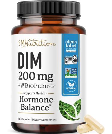 DIM Supplement 200 mg | Estrogen Balance for Women & Men | Hormone Balance Hormonal Acne Supplements Menopause Support Antioxidant Support | Non-GMO Vegan Soy Free | 120 Count by SM Nutrition DIM 200mg (120 Count)