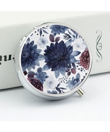 Round Pill Box Watercolor Dark Blue Pattern | 3 Compartment Portable Pill Organizer | Decorative Metal Pocket Case - Buy Online on GoSupps.com