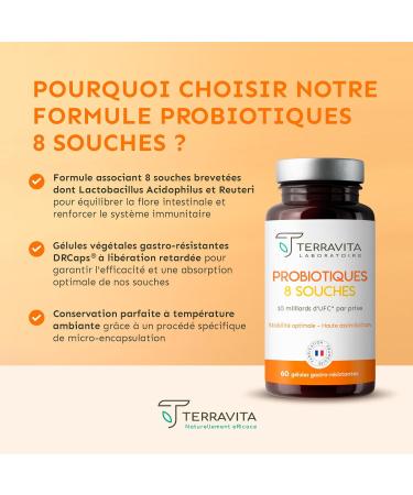 Probiotiques Flore Intestinale | Microbiote et Sant Digestive | 8 Souches Bio-actives dont Lactobacillus Reuteri et Acidophilus | 60 G lules Gastro-r sistantes | Made in France | Terravita - Buy Online on GoSupps.com