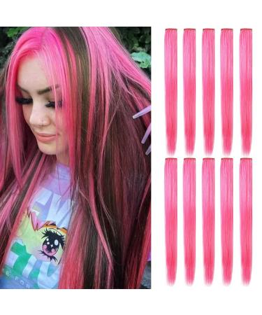 Lskjmo Pink Wig Pieces Colorful Party Highlights Clip in Colored Hair Extensions Multicolors Straight Synthetic Hairpieces for Women Girls Bright Pink