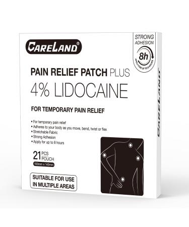 CARELAND 4% Lidocaine Patches Maximum Strength 21 Count (10cm x 14cm) - OTC Pain Relief Patches with Stronger Adhesion for Back Shoulder Knee Large Size