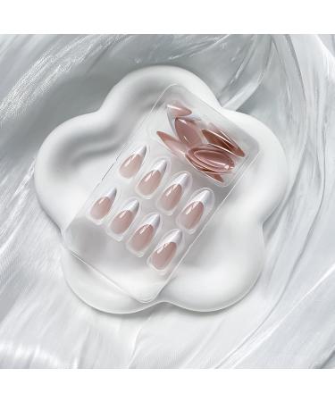 Long Almond French Tip Press on Nails - White Tip Nude Pink Glossy Acrylic False Nails Kit - 24 Pcs - Buy Online on GoSupps.com