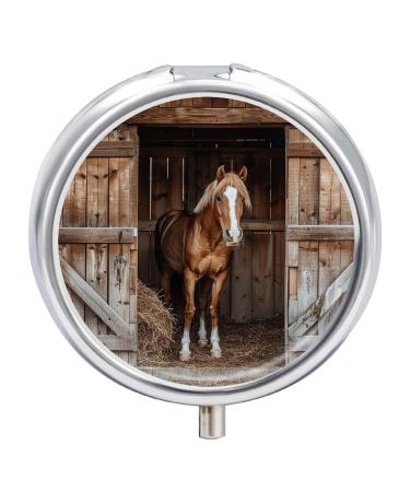 Pill Box Pill Case 3 Compartment Travel Pill Box Straw and Horse Printing Small Pill Box Portable Medicine Pill Case Pill Organizer for Purse & Pocket for Travel Handbag (Round)