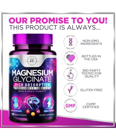 Magnesium Glycinate Supplement 1000mg - 100% Chelated & Purified - to Support Sleep Heart Health Muscles & Bone Strength - Best Absorption Magnesium Glycinate Bottled in USA - 120 Capsules 120 Count (Pack of 1) - Buy Online on GoSupps.com