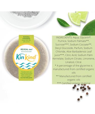 KinKind REVEAL me! Body Scrub Bar. Exfoliate to reveal fresh new skin. Natural exfoliators. No plastic No mess in the shower. Vegan & Cruelty free. UK made. Lime BodyScrub Bar - Buy Online on GoSupps.com