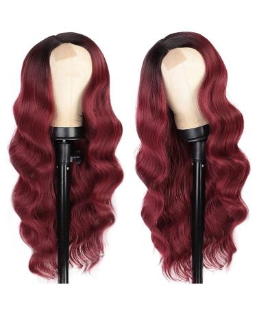 Wine Red Ombre Long Wavy Burgundy Wig | Body Wave Synthetic Heat Resistant Fiber | 26'' Side Part Wig for Women - Buy Online on GoSupps.com