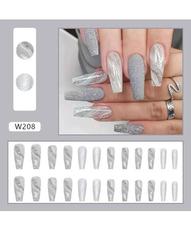 Silver Marble Square Long Press on Nails with Glitters - Luxurious Coffin Design for Women and Girls | False Nail Art Decoration - Buy Online on GoSupps.com