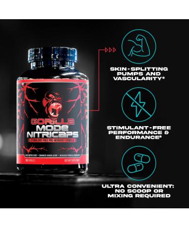 Gorilla Mode Nitricaps - Stimulant Free Pre-Workout Capsules - Massive Pumps Vasodilation Performance - Nitrosigine Agmatine Sulfate VasoDrive-AP Electrolytes / 120 Capsules - Buy Online on GoSupps.com