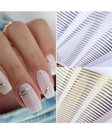 Gold Silver Lines Stripe Nail Art Sticker Decals 3D Metal Strip French Design Nail Decals Self-Adhesive Nail Art Supplies Colored Geometric Waved Manicure Slider for Women DIY Nail Art Decoration Kits