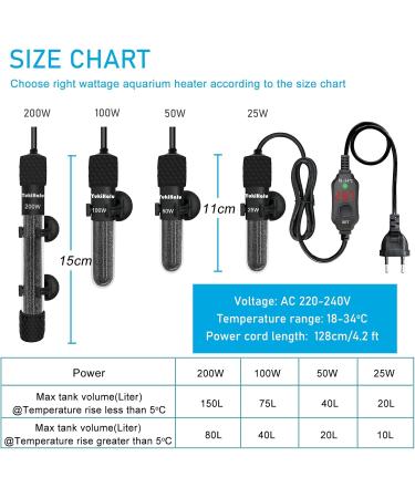 Yukihalu Mini Aquarium Heater 25W-200W with Thermometer & Temperature Controller - Ideal for 1-150L Aquariums - Buy Online on GoSupps.com