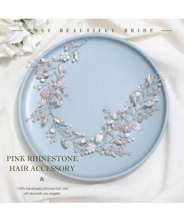 Unicra Bride Wedding Hair Vine Pink Rhinestone Flower Hair Accessories Silver Crystal Bridal Headband Headpiece for Women and Girls - Buy Online on GoSupps.com