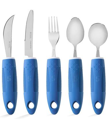 Special Supplies Adaptive Utensils (5-Piece Kitchen Set) Wide  Non-Weighted  Non-Slip Handles for Hand Tremors  Arthritis  Parkinsons or Elderly Use - Stainless Steel Knives  Fork  Spoons - Blue - Buy Online on GoSupps.com