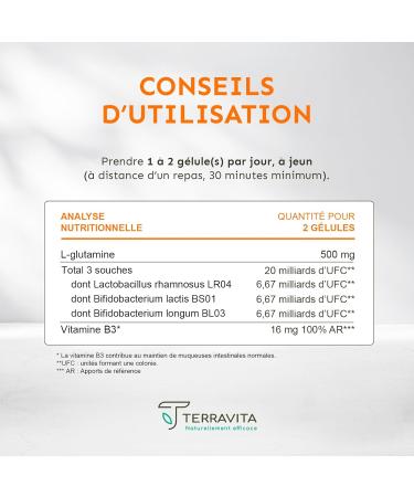 PERMEA FLORA | Probiotics and Glutamine | Intestinal Flora and Mucosal Healing | Ideal Against Intestinal Permeability | 60 Gastro-resistant Capsules | Made in France | Terravita - Buy Online on GoSupps.com