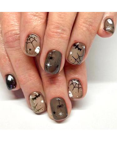 Halloween Press on Nails Short Square Fake Nails Press ons Brown Full Cover Glue on Nails Spider Web Bat Ghost Design False Nails Glossy Artificial Stick on Nails for Women 24Pcs