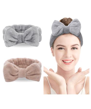 Spa Headband - 2 Pack Bow Hair Band Women Facial Makeup Head Band Soft Coral Fleece Head Wraps For Shower Washing Face (Coffee+Gray)