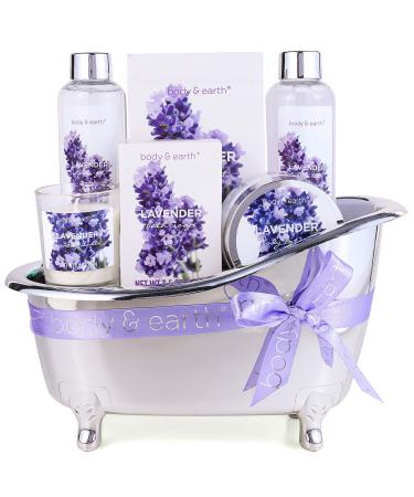 Gift Set for Women, Gift Basket for Women, Body & Earth Women Bath Set 7 Pcs Lavender Spa Basket with Shower Gel, Bubble Bath, Bath Salts, Body Lotion, Scented Candle, Gifts for Women