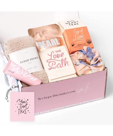 Unboxme Gift Basket For Women - Relaxation Gifts I Self Care Package with Vegan Hand Cream Pearl Sheet Mask Herbal Bath Soak Rose Organic Tea Fluffy Socks Floral Scrunchie & Card You Got This Card