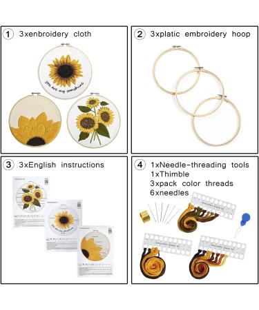 Armindou 3 Sets Sunflower Embroidery Starter Kits for Adults - Floral Stamped DIY Cross Stitch Kit with Hoops, Fabric, Needles & Threads - Buy Online on GoSupps.com