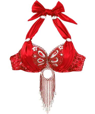 Loloda Women's Belly Dance Sequin Beaded Bra Top - Red One Size | Samba Tassels Dance Wear Costume - Buy Online on GoSupps.com