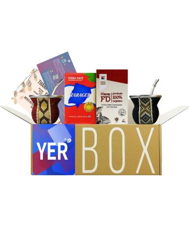 YERBOX Ensemble de Th Yerba Mate : Taragui Traditionnel 250g + Fede Rico Potente 250g | 2x Gourdes en Verre - Motif Woop | 2x Bombillas en Acier Inoxydable | Brosse de Nettoyage Duo Modern start