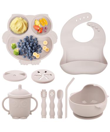 Baby Weaning Set Silicone Baby Feeding Set(10 Pcs) Toddler Weaning Set with Adjustable Bib Suction Bowl Plate Fork Spoon Water & Snack Cup Kit for Babies Toddler and Kids(Beige)