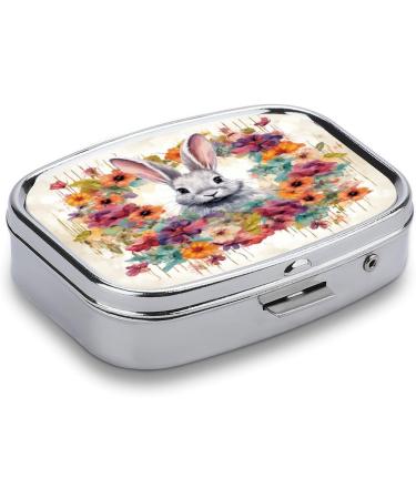 Watercolor Rabbit & Flowers Print Pill Box - 2 Compartment Metal Pill Organizer for Pocket & Purse - Decorative Medicine Storage - Buy Online on GoSupps.com