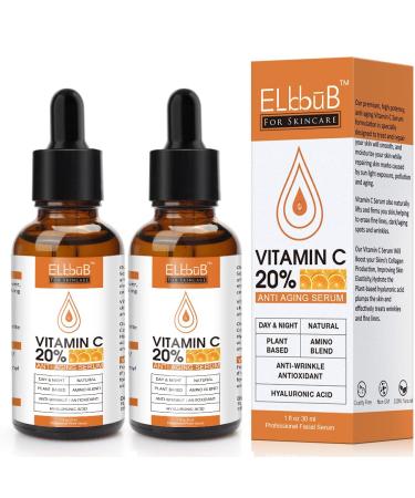Premium 20% Vitamin C Serum For Face - (2PACK)with Hyaluronic Acid, Retinol & Amino Acids - Boost Skin Collagen,Hydrate & Plump Skin, Anti Aging & Wrinkle Facial Serum 1 Fl Oz (Pack of 2)