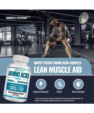Simply Potent Amino Acid Complex 1800mg 200 Capsules, Blend of 4 Essential and Non Essential Amino Acids, Includes L-Arginine 550mg, L-Ornithine 500mg, L-Glysine 400mg & L-Lysine 350mg for Muscle - Buy Online on GoSupps.com