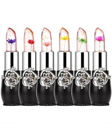 Titimore 6 piece of crystal jelly lipstick with flower magical temperature color change lip balm flower jelly lipstick long -lasting moisture cream clear lip gloss (black)