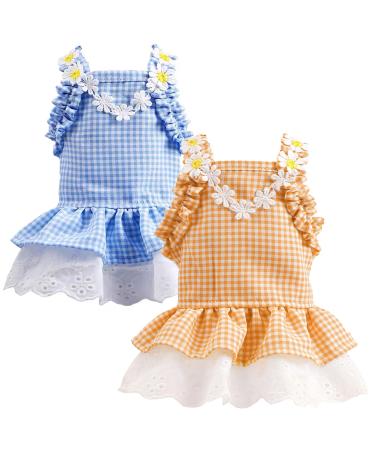 DOGGYZSTYLE 2 Pieces Dog Dresses for Small Dogs Girl Female Cute Plaid Dog Sundresses Puppy Cat Skirt Doggie Birthday Party Princess Dresses Pet Summer Clothes Apparel Costumes (Blue+Orange,L) L(Suggest 10-14 lbs) Blue+Orange