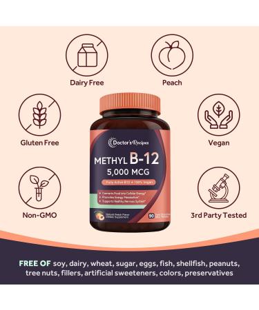 Doctor's Recipes Vitamin B12 Methylcobalamin 5000mcg 90 Fast Dissolve Tablets - Natural Peach Flavor, Vegan, Energy Metabolism & Nervous System Support - Buy Online on GoSupps.com