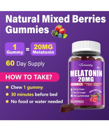 Melatonin Gummies 20mg for Adults - Maximum Strength Melatonin Gummies with L-Theanine Magnesium Omega-3 MSM D3 & Zinc - Non-Habit Forming Vegan Non GMO Natural Mixed Berry Flavor Mixed Berries 60 Count (Pack of 2) - Buy Online on GoSupps.com