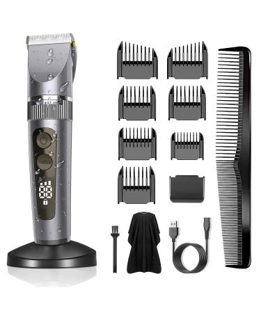 BerBizz Hair Clipper Professional Hair Trimmer Men's Hair Trimmer Beard Trimmer Precision Trimmer Waterproof Long Hair Trimmer Set LED Display for Men Children and Family (Gray)