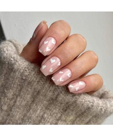 24pcs Square False Nails Short Stick on Nails White Heart Press on Nails Removable Glue-on Nails Fake Nails Women Girls Nail Art Accessories 0252Y51 - Buy Online on GoSupps.com